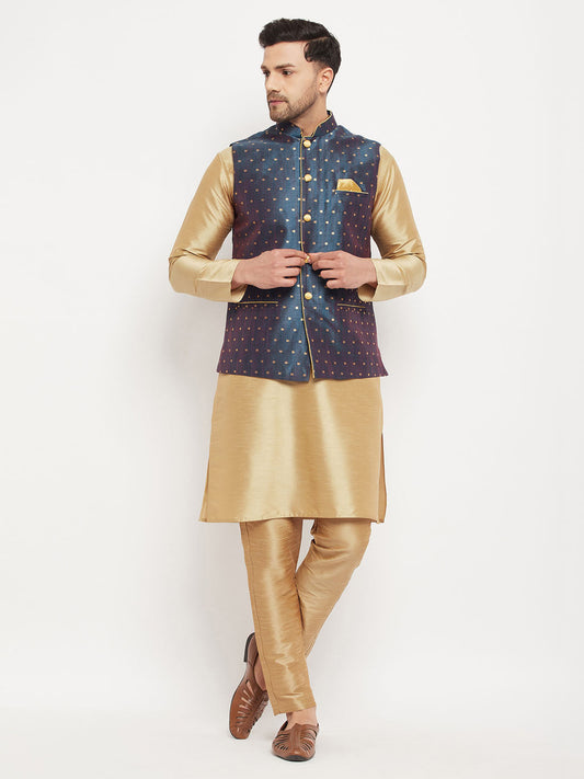 vastramay mens blue silk blend ethnic jacket rose gold kurta and rose gold pant style pyjama set