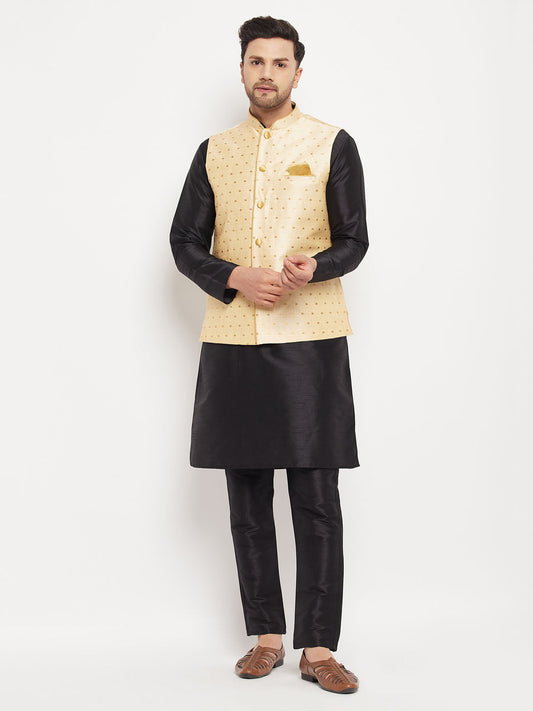 vastramay mens black solid silk blend kurta and pant style pyjama set with gold woven jacket