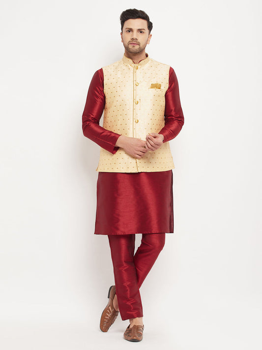 vastramay mens maroon silk blend kurta and pant style pyjama with gold woven nehru jacket