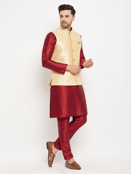 vastramay mens maroon silk blend kurta and pant style pyjama with gold woven nehru jacket