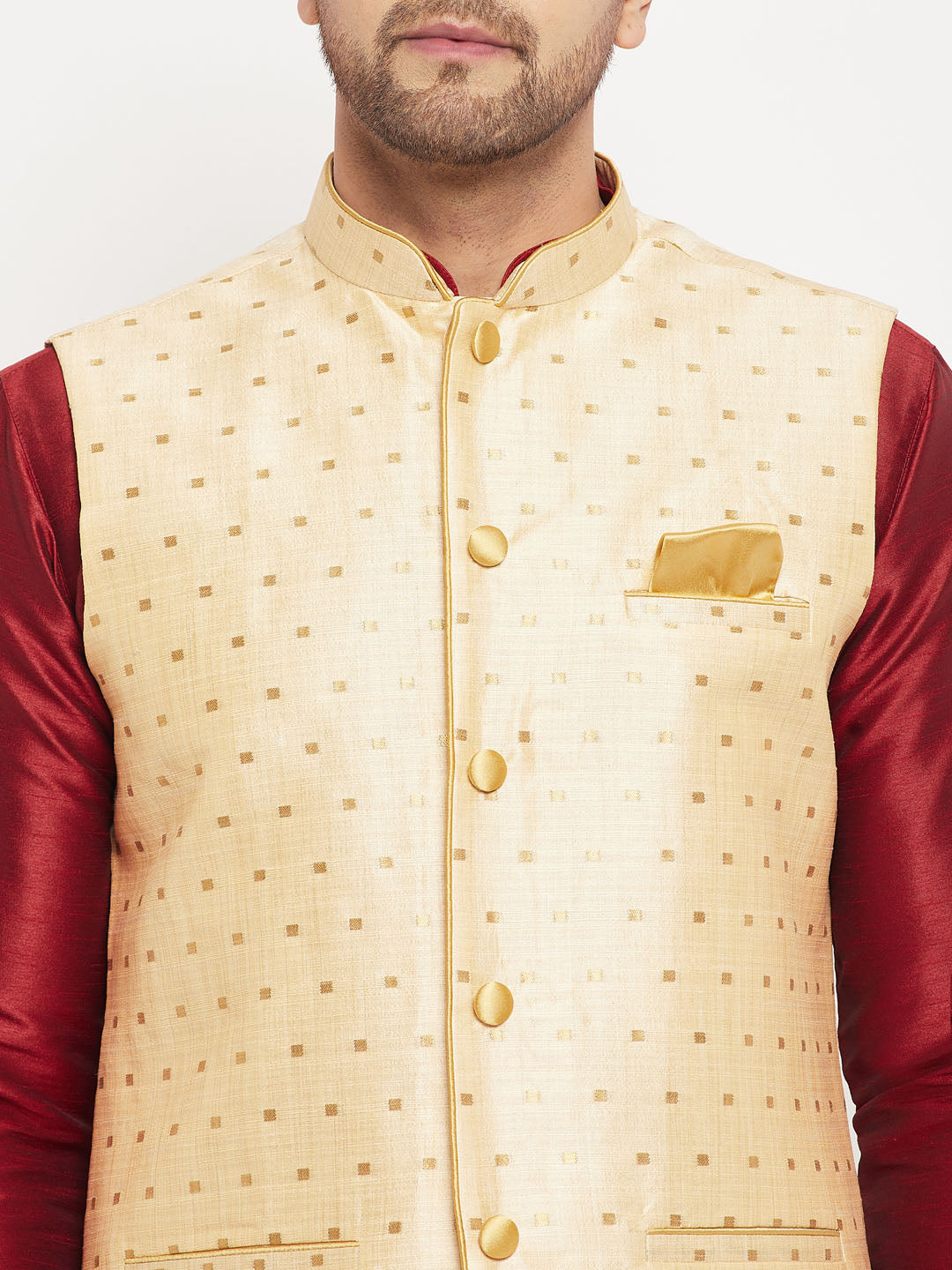 vastramay mens maroon silk blend kurta and pant style pyjama with gold woven nehru jacket