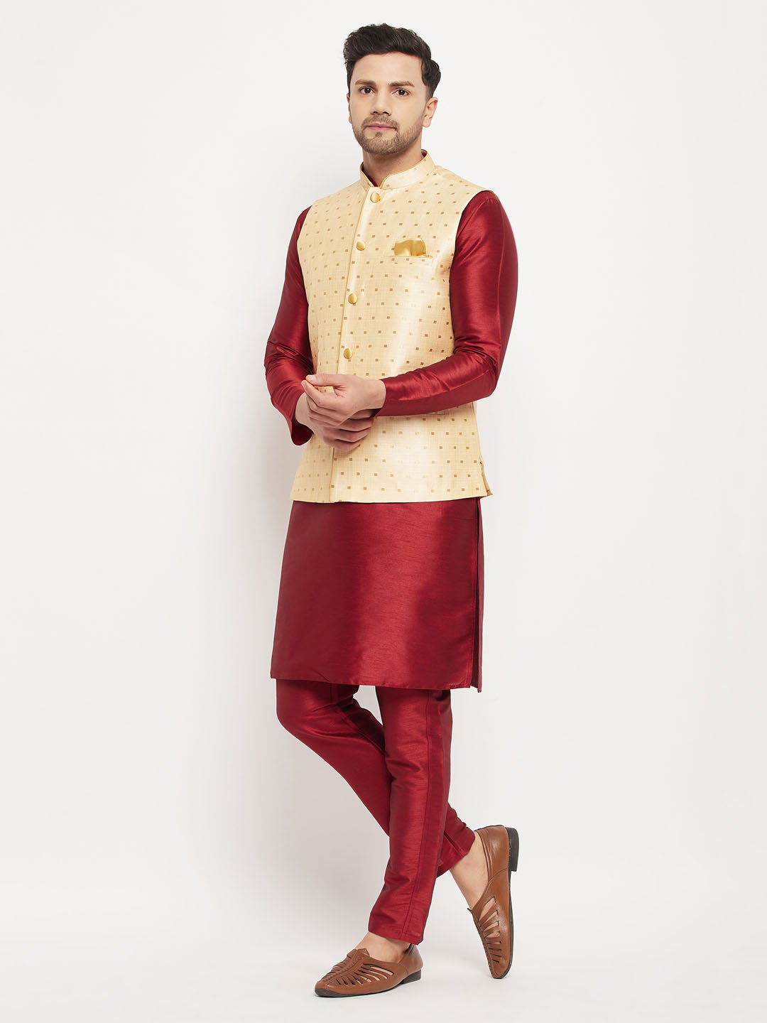 vastramay mens maroon silk blend kurta and pant style pyjama with gold woven nehru jacket