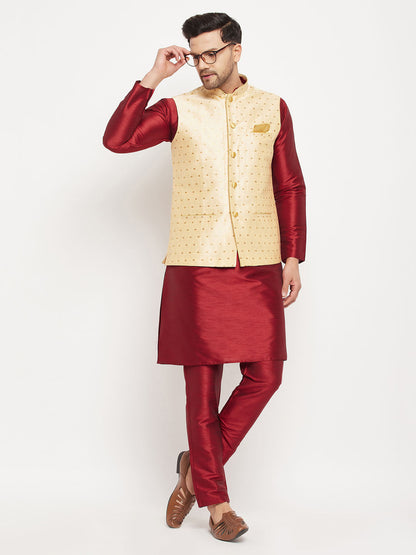 vastramay mens maroon silk blend kurta and pant style pyjama with gold woven nehru jacket