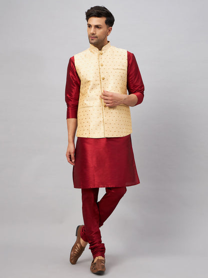 VASTRAMAY Men's Gold Zari Weaved Jacket With Kurta Pyjama Set