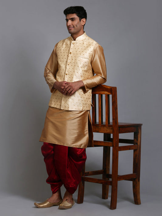 VASTRAMAY Men's Gold Zari Weaved Jacket With Kurta Dhoti Set