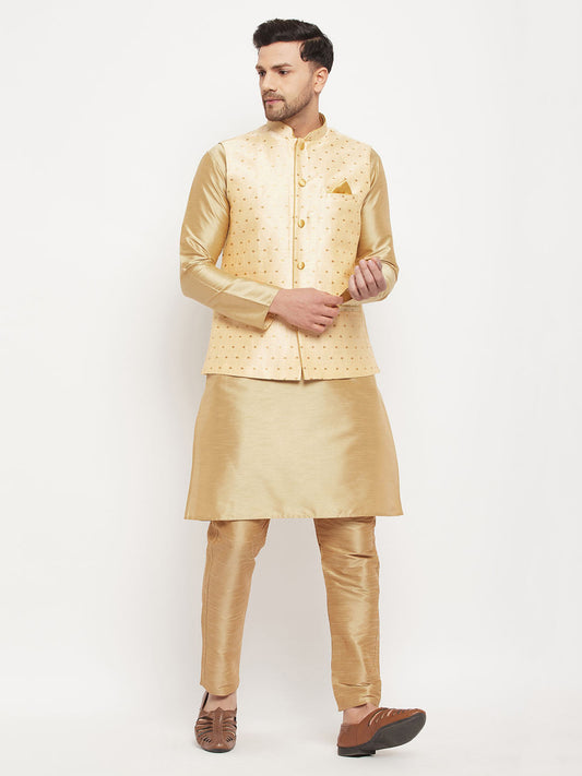 vastramay mens gold cotton silk blend kurta ethnic jacket and pyjama set