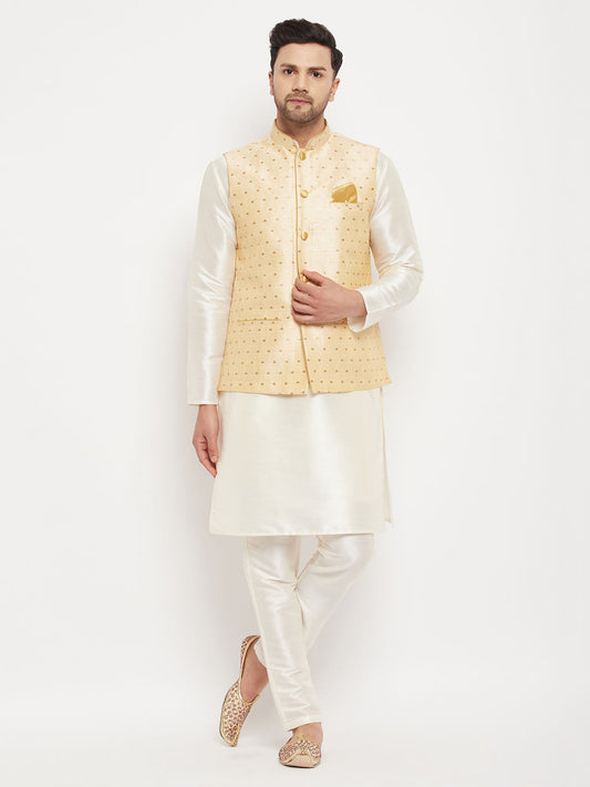 vastramay mens gold woven nehru jacket with cream kurta with pant style pyjama set