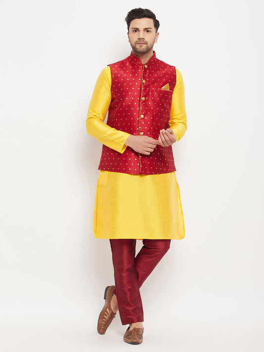 vastramay mens maroon silk blend ethnic jacket yellow kurta and maroon pant style pyjama set