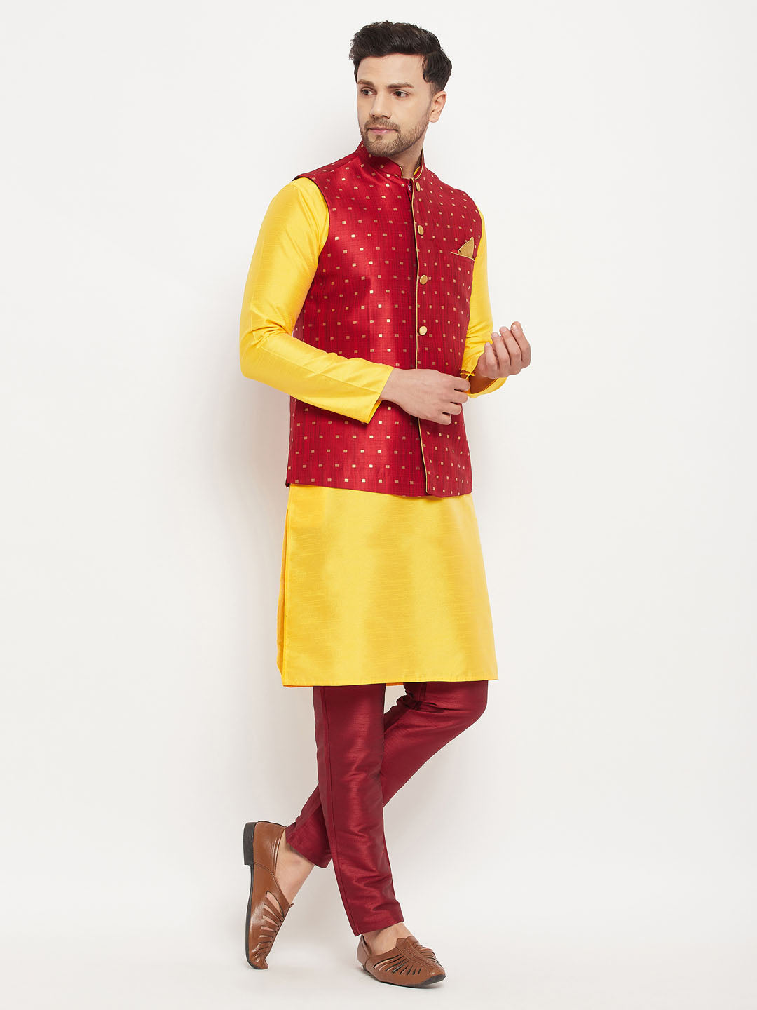 vastramay mens maroon silk blend ethnic jacket yellow kurta and maroon pant style pyjama set