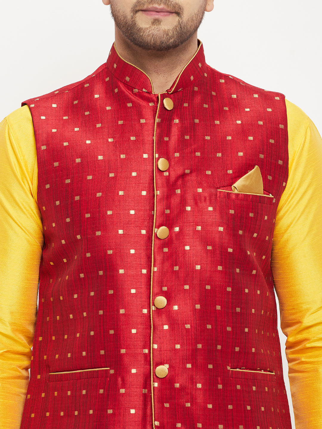 vastramay mens maroon silk blend ethnic jacket yellow kurta and maroon pant style pyjama set