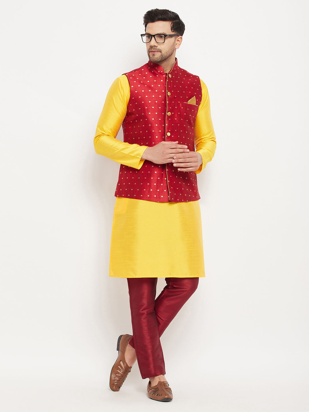 vastramay mens maroon silk blend ethnic jacket yellow kurta and maroon pant style pyjama set