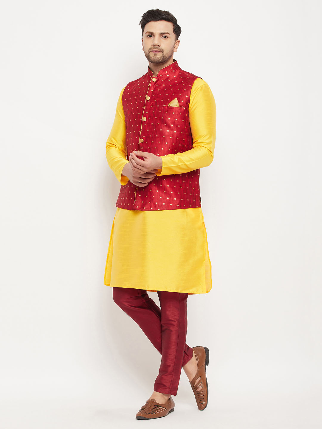 vastramay mens maroon silk blend ethnic jacket yellow kurta and maroon pant style pyjama set