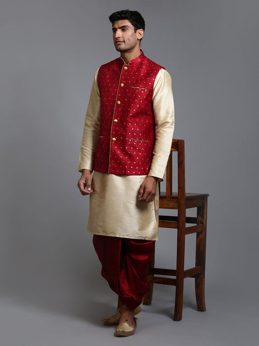 VASTRAMAY Men's Maroon Zari Weaved Jacket With Kurta Dhoti Set