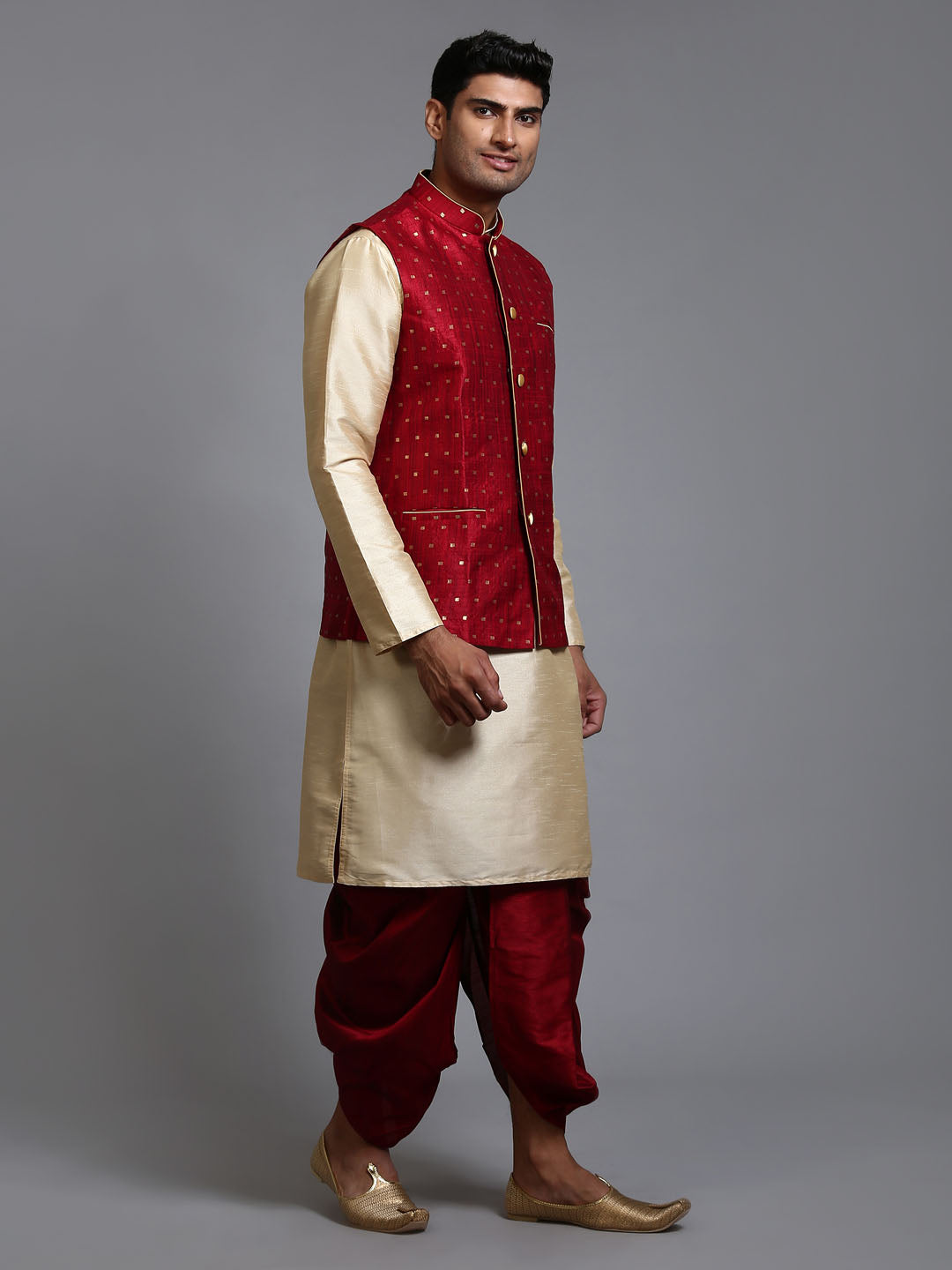 VASTRAMAY Men's Maroon Zari Weaved Jacket With Kurta Dhoti Set