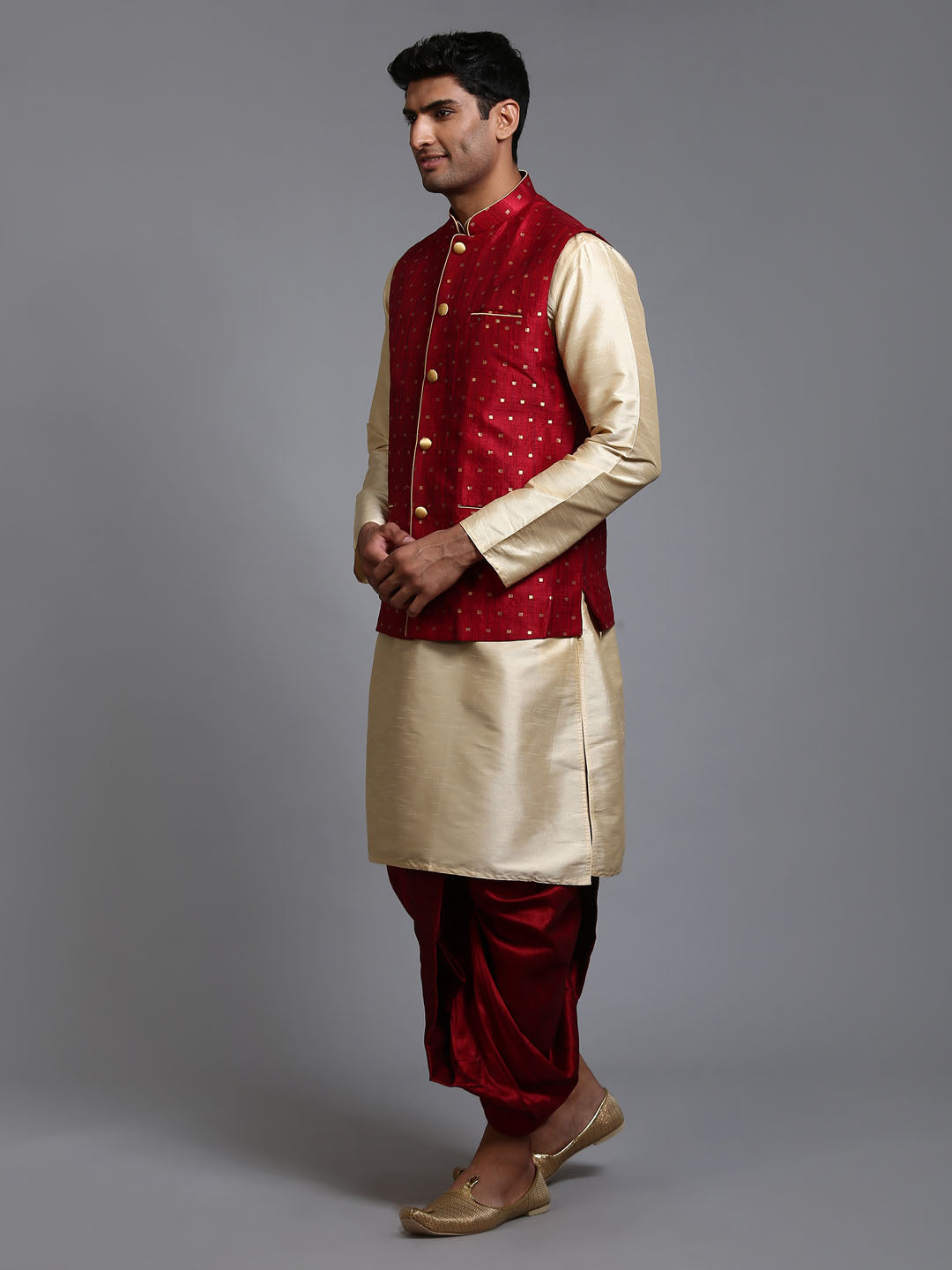 VASTRAMAY Men's Maroon Zari Weaved Jacket With Kurta Dhoti Set