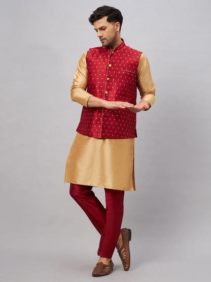 VASTRAMAY Men's Maroon Zari Weaved Jacket With Kurta Pant Set