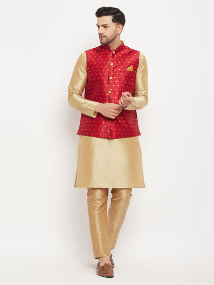 vastramay mens maroon silk blend ethnic jacket with rose gold kurta and rose gold pant style pyjama set