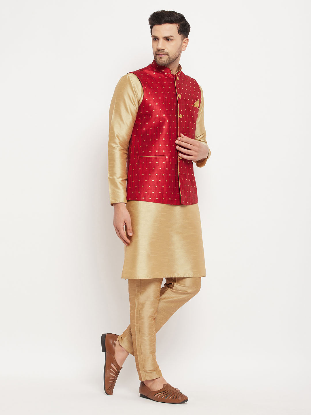 vastramay mens maroon silk blend ethnic jacket with rose gold kurta and rose gold pant style pyjama set