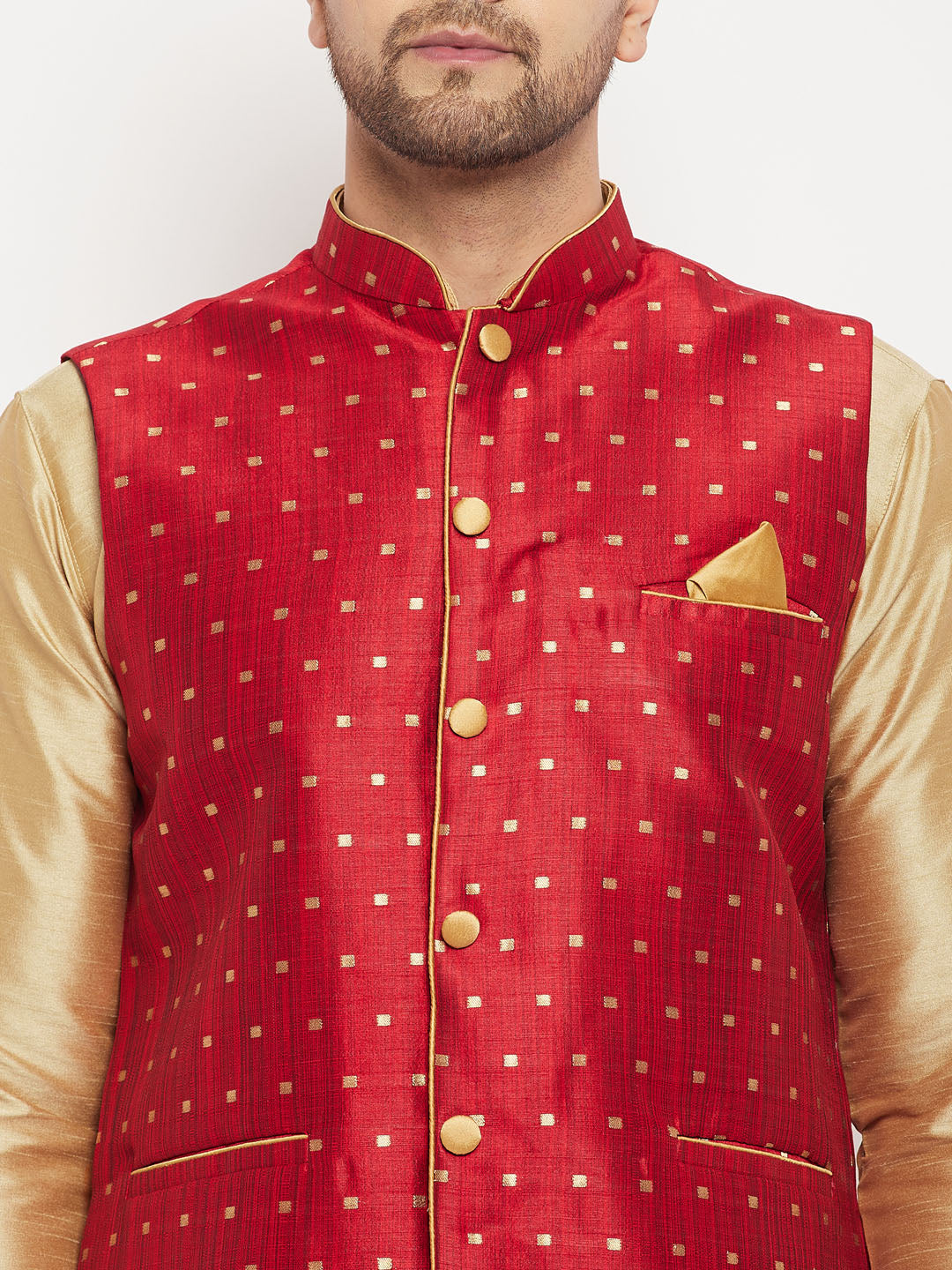 vastramay mens maroon silk blend ethnic jacket with rose gold kurta and rose gold pant style pyjama set