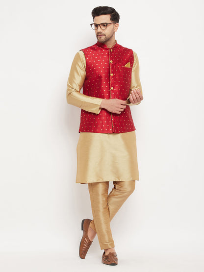 vastramay mens maroon silk blend ethnic jacket with rose gold kurta and rose gold pant style pyjama set