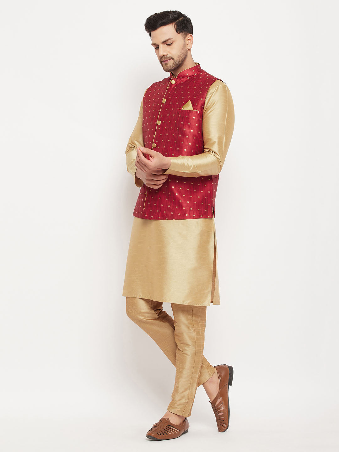 vastramay mens maroon silk blend ethnic jacket with rose gold kurta and rose gold pant style pyjama set