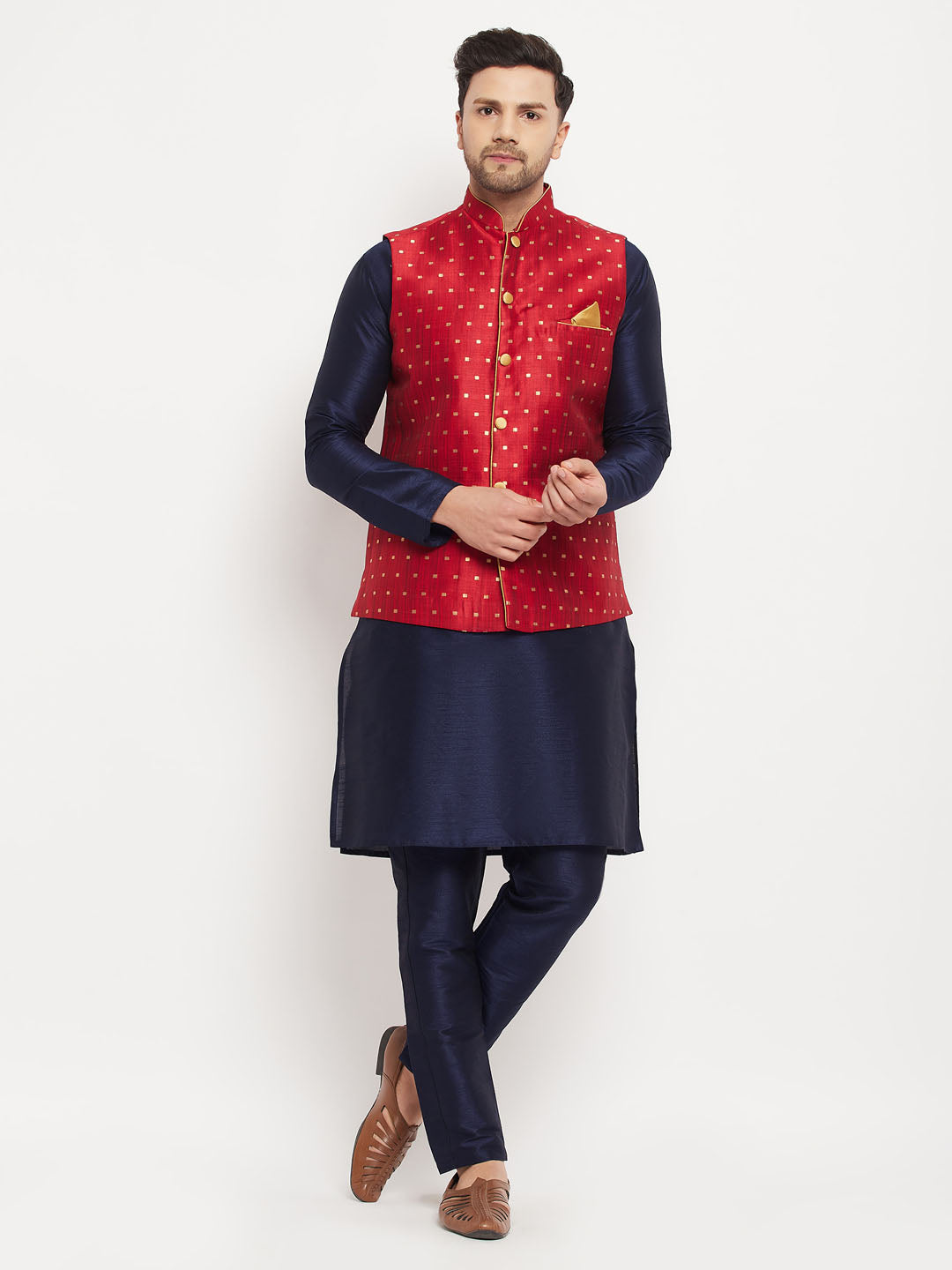 vastramay mens maroon silk blend ethnic jacket with navy blue kurta and navy blue pant style pyjama set