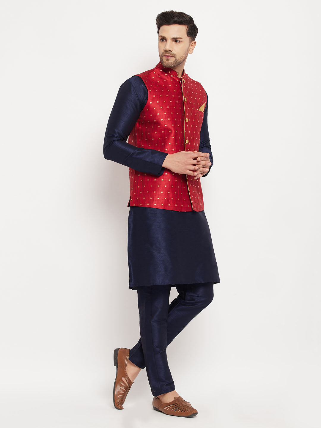 vastramay mens maroon silk blend ethnic jacket with navy blue kurta and navy blue pant style pyjama set