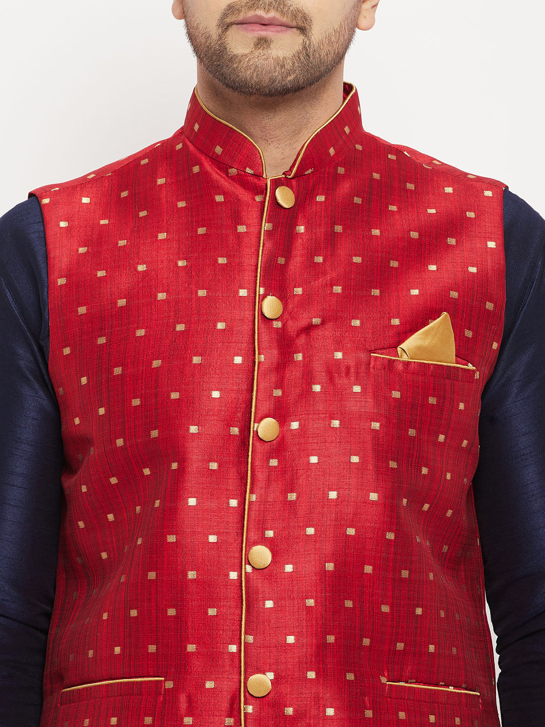 vastramay mens maroon silk blend ethnic jacket with navy blue kurta and navy blue pant style pyjama set