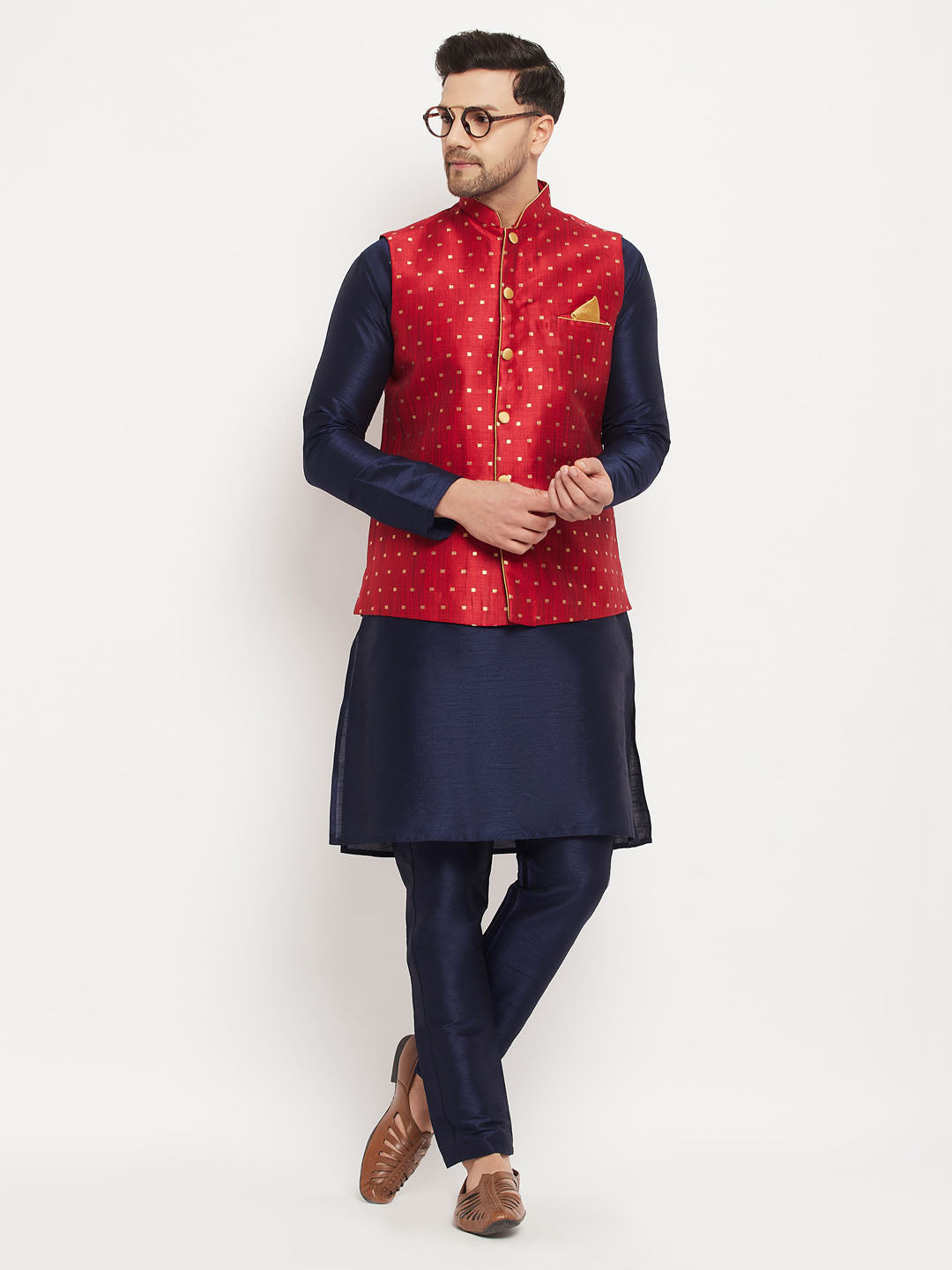 vastramay mens maroon silk blend ethnic jacket with navy blue kurta and navy blue pant style pyjama set