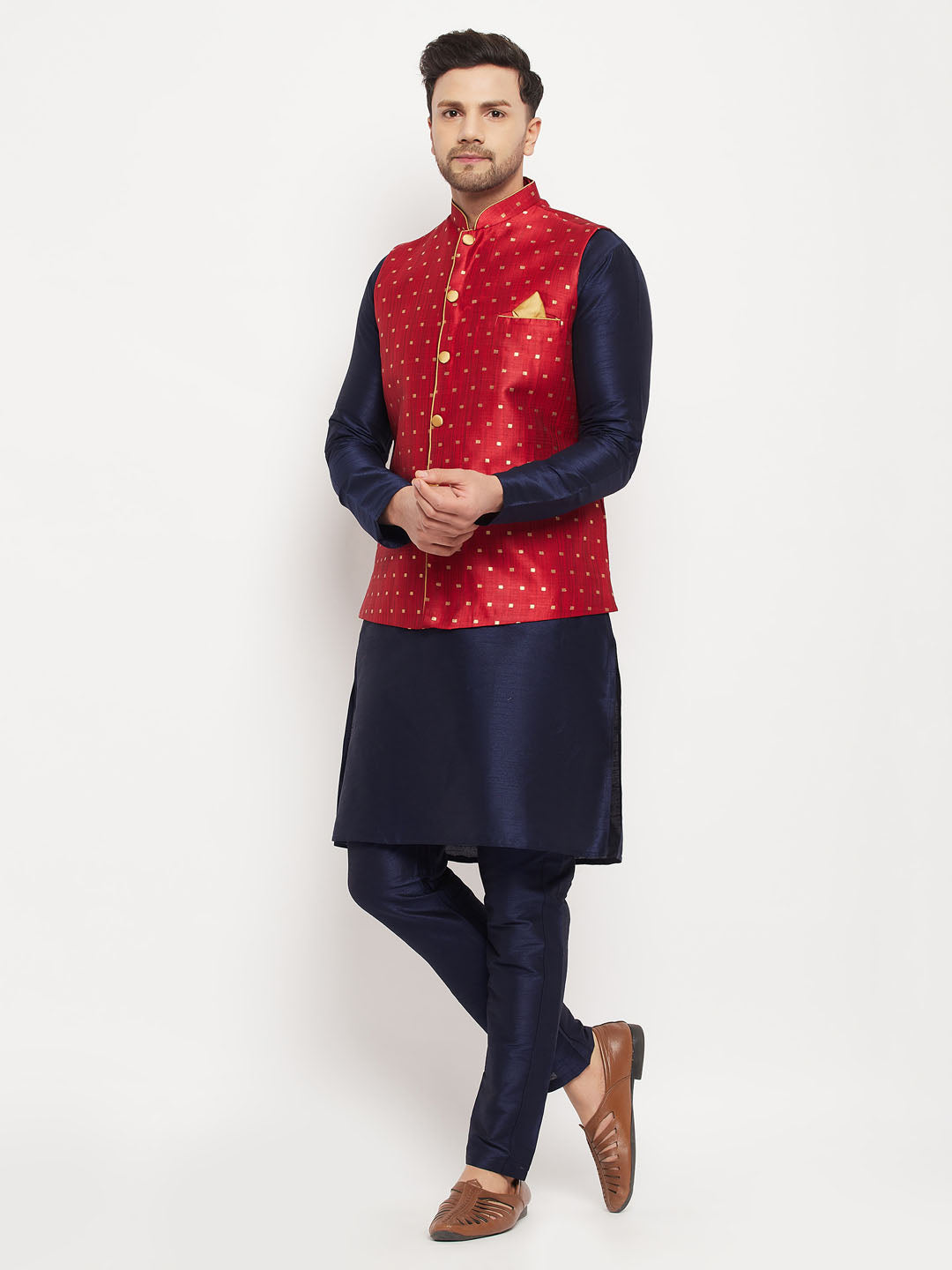 vastramay mens maroon silk blend ethnic jacket with navy blue kurta and navy blue pant style pyjama set