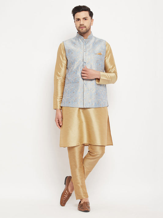 vastramay mens grey woven jacquard nehru jacket with rose gold silk blend kurta and pant style pyjama set