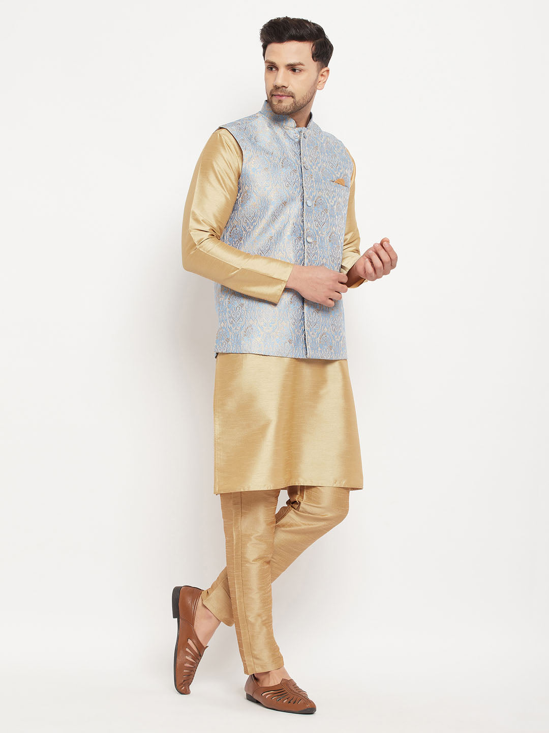 vastramay mens grey woven jacquard nehru jacket with rose gold silk blend kurta and pant style pyjama set