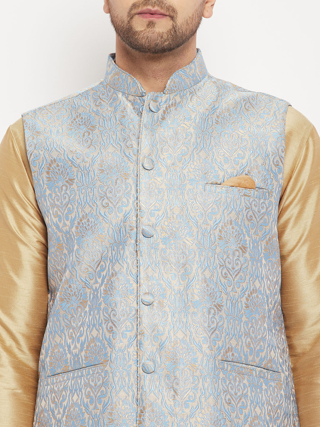 vastramay mens grey woven jacquard nehru jacket with rose gold silk blend kurta and pant style pyjama set