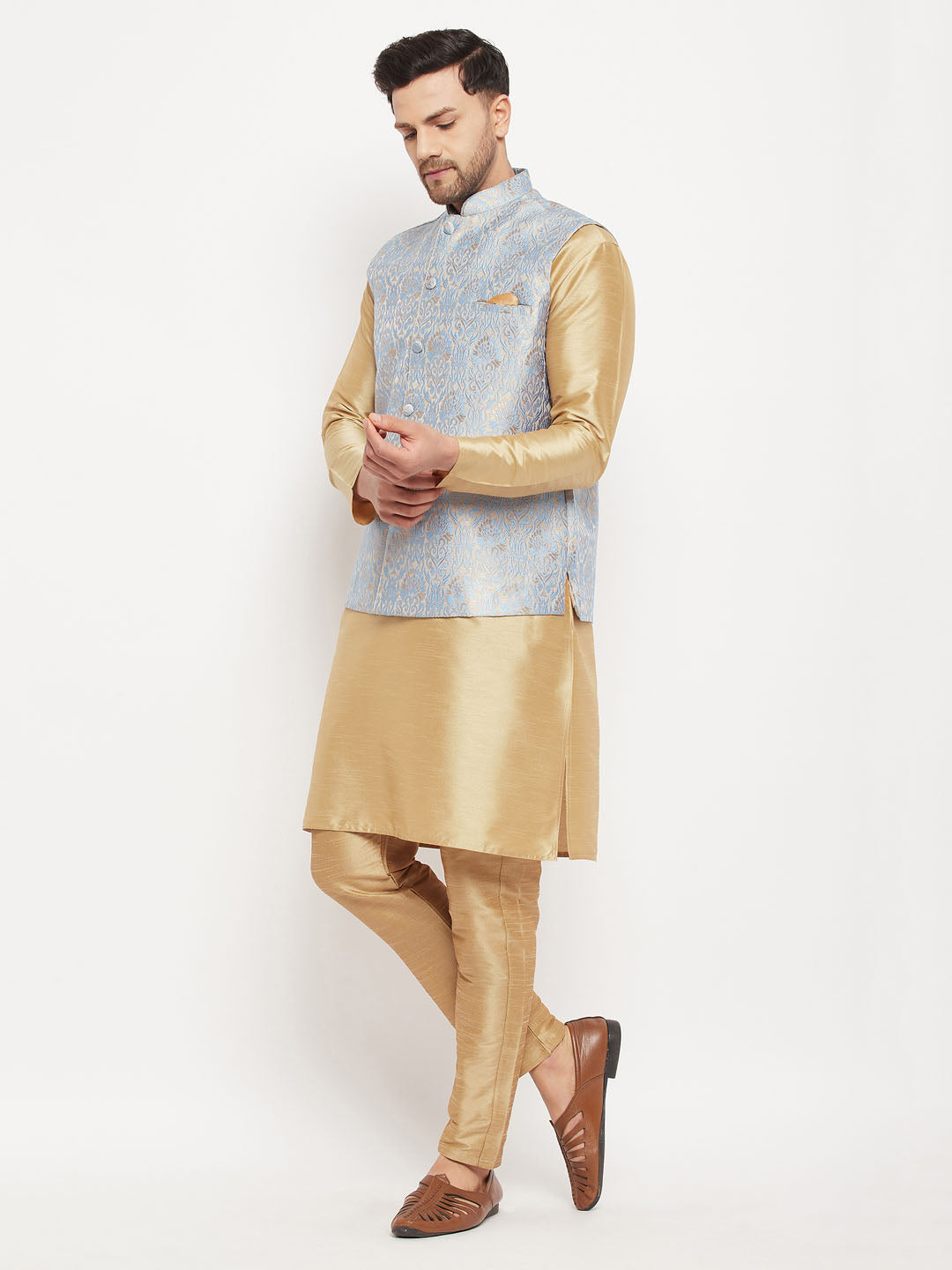 vastramay mens grey woven jacquard nehru jacket with rose gold silk blend kurta and pant style pyjama set