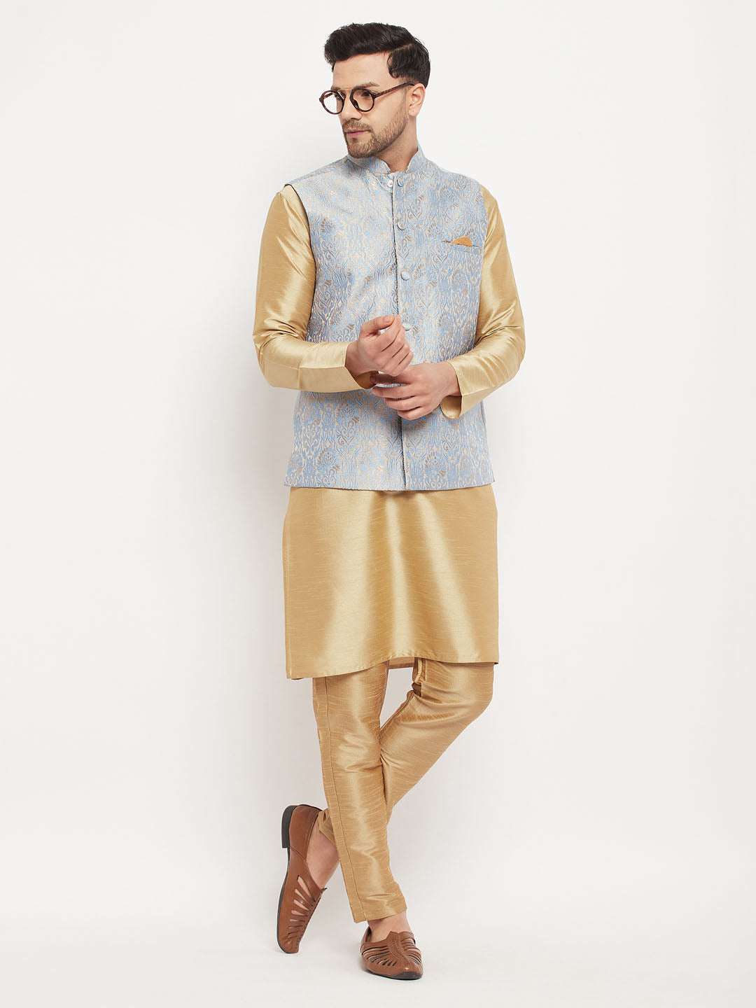 vastramay mens grey woven jacquard nehru jacket with rose gold silk blend kurta and pant style pyjama set