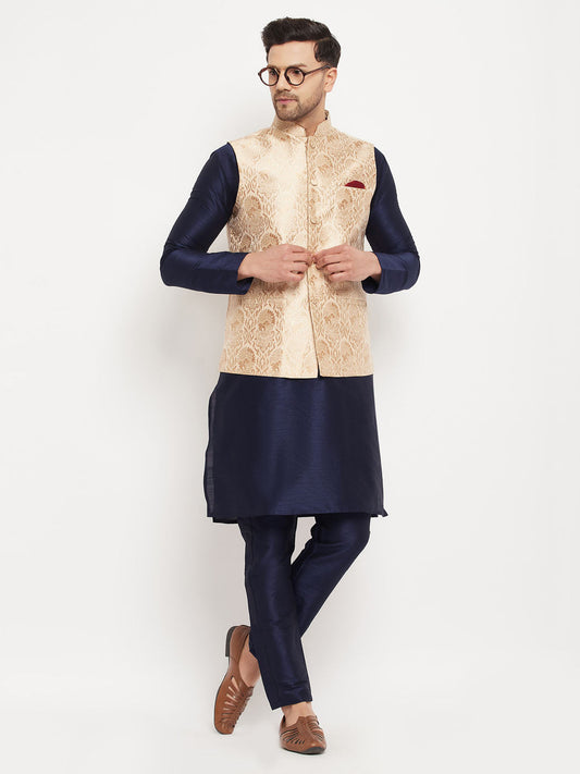 vastramay mens rose gold woven jacquard nehru jacket with navy blue silk blend kurta and pant style pyjama set