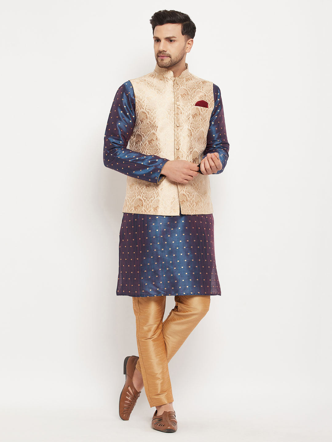 vastramay mens rose gold woven jacquard nehru jacket with blue silk blend zari werk kurta and rose gold pant style pyjama set