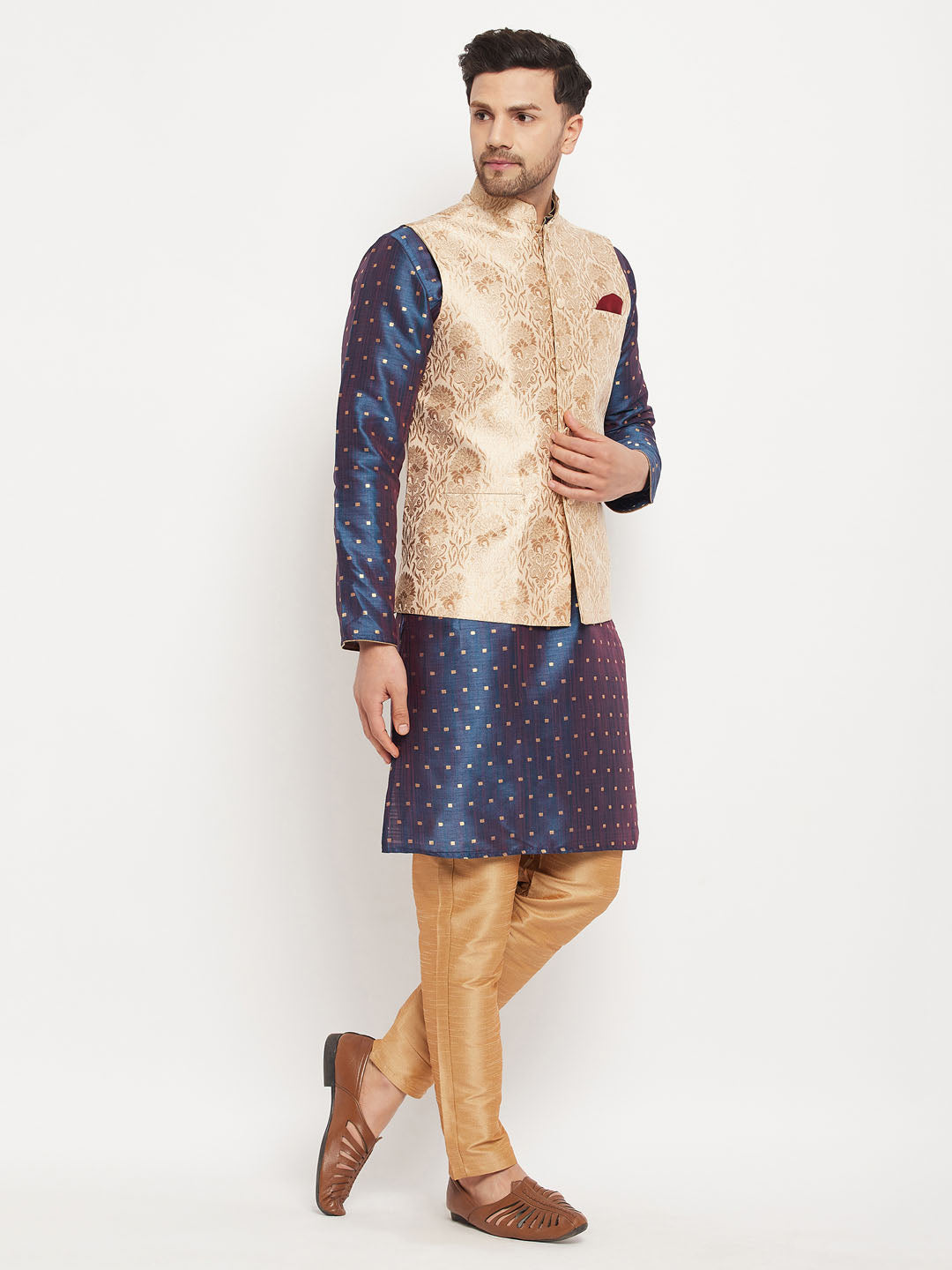 vastramay mens rose gold woven jacquard nehru jacket with blue silk blend zari werk kurta and rose gold pant style pyjama set