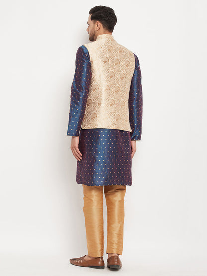 vastramay mens rose gold woven jacquard nehru jacket with blue silk blend zari werk kurta and rose gold pant style pyjama set