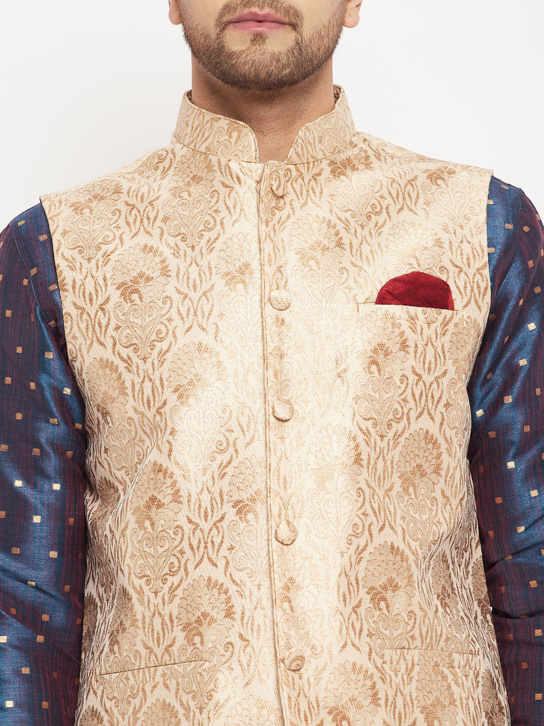 vastramay mens rose gold woven jacquard nehru jacket with blue silk blend zari werk kurta and rose gold pant style pyjama set