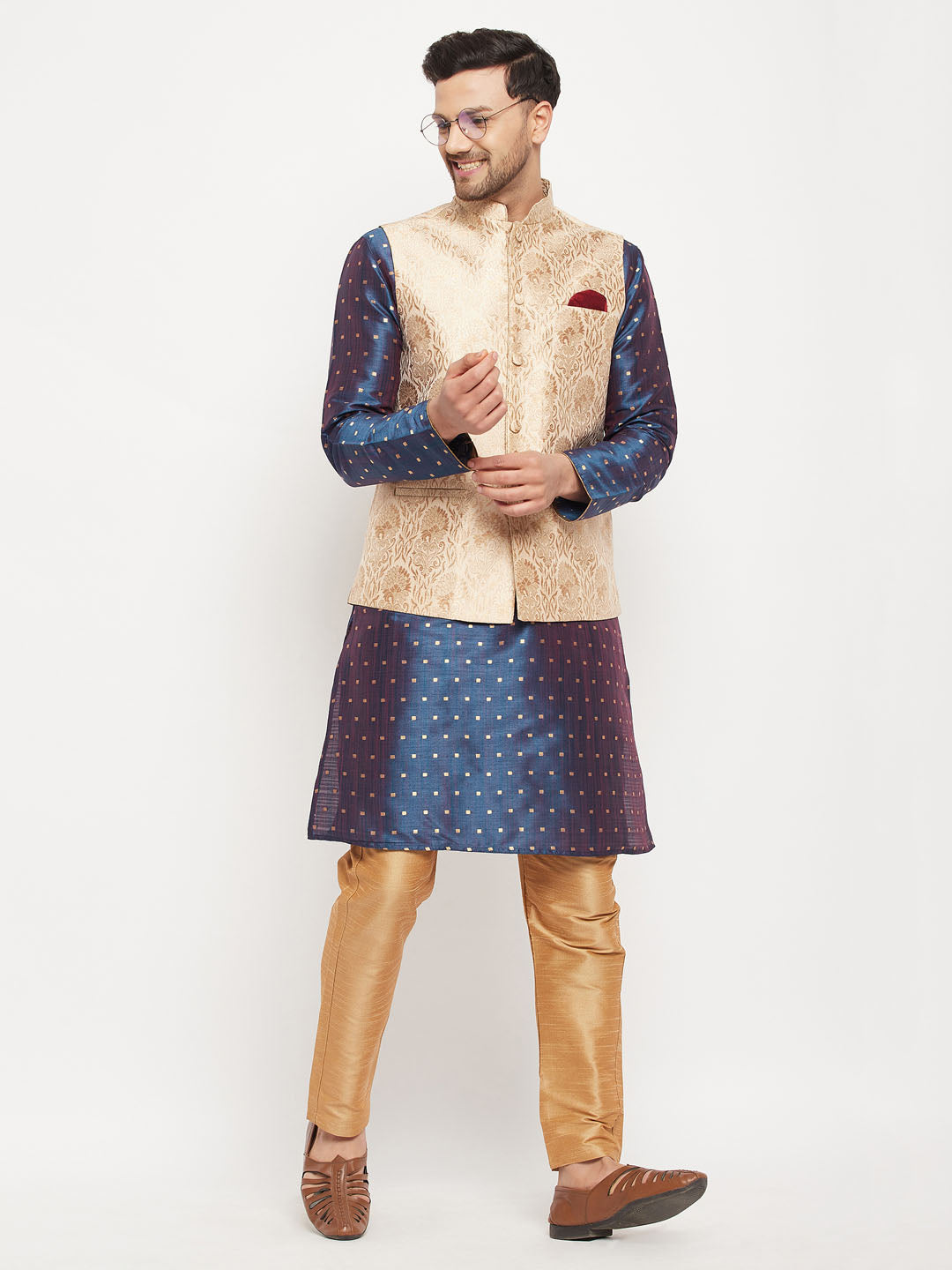 vastramay mens rose gold woven jacquard nehru jacket with blue silk blend zari werk kurta and rose gold pant style pyjama set