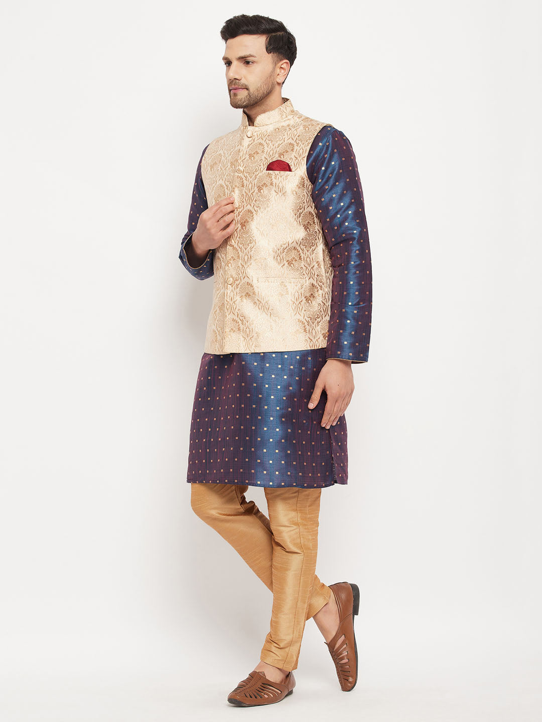 Vastramay Men's Rose Gold Jacquard Jacket With Kurta And Pant Set