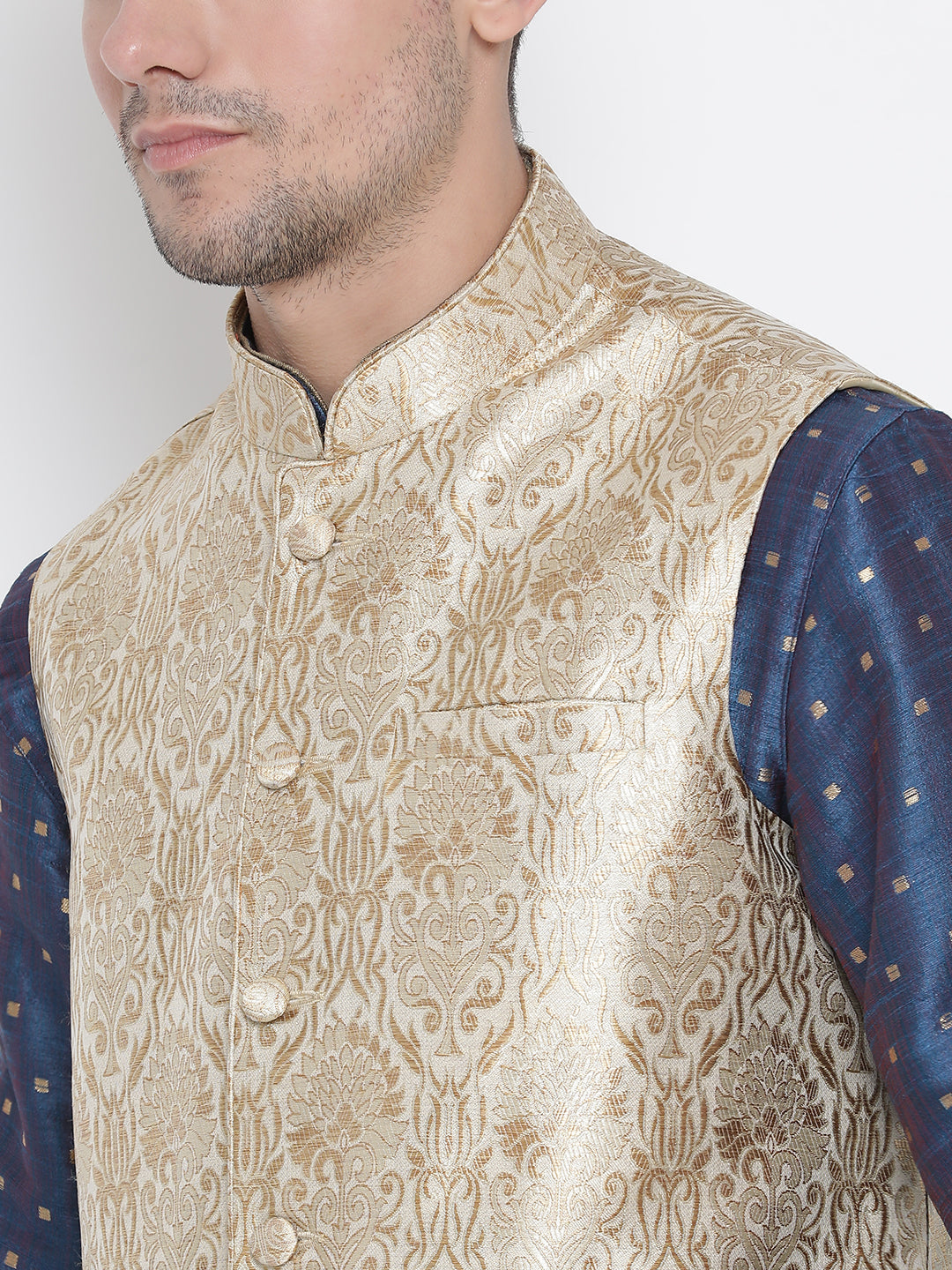 VASTRAMAY Silk Blend Rose Gold and Blue Baap Beta Jacket Kurta Pyjama set