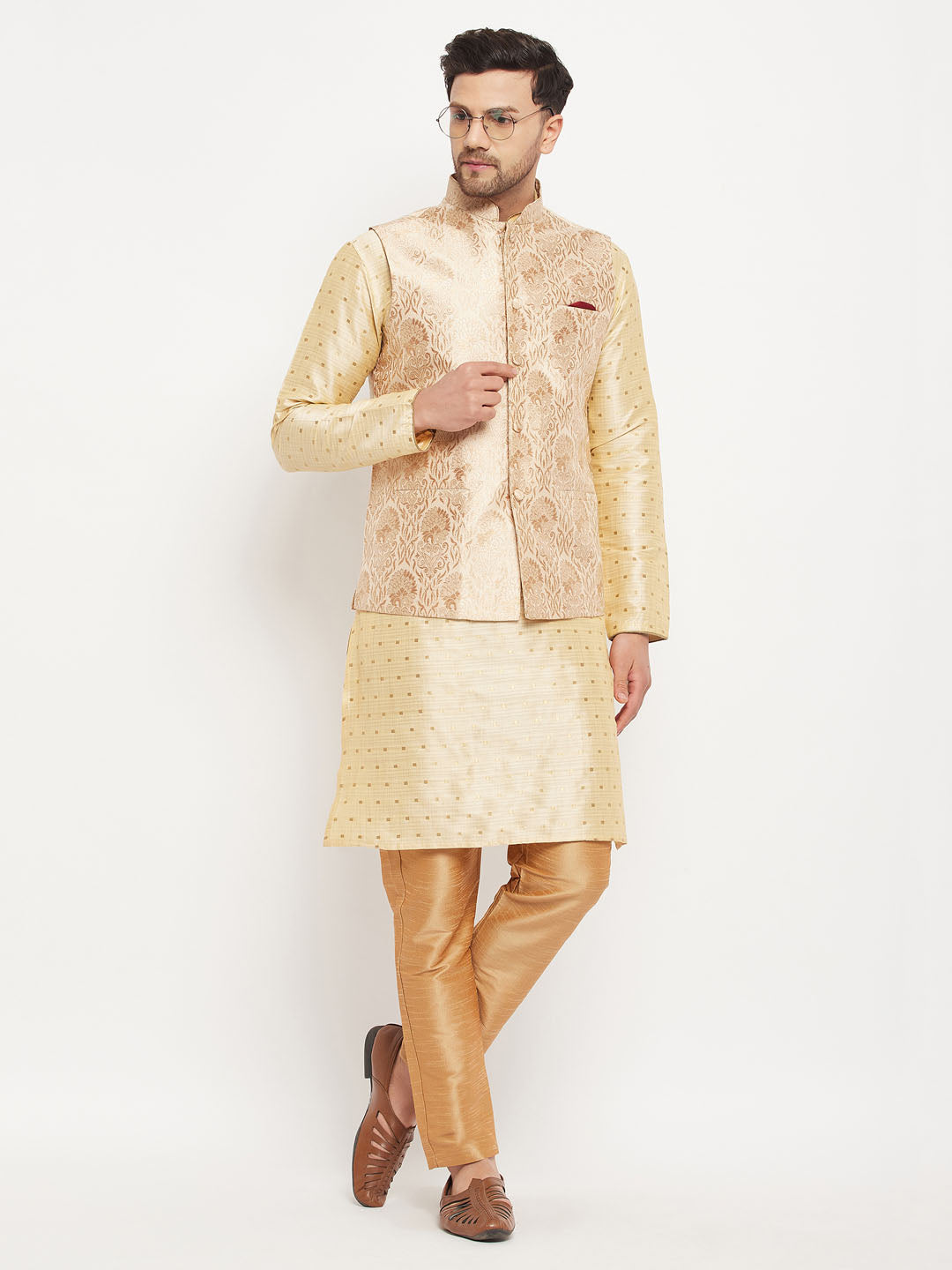 vastramay mens rose gold woven jacquard nehru jacket with gold silk blend zari work kurta and rose gold pant style pyjama set