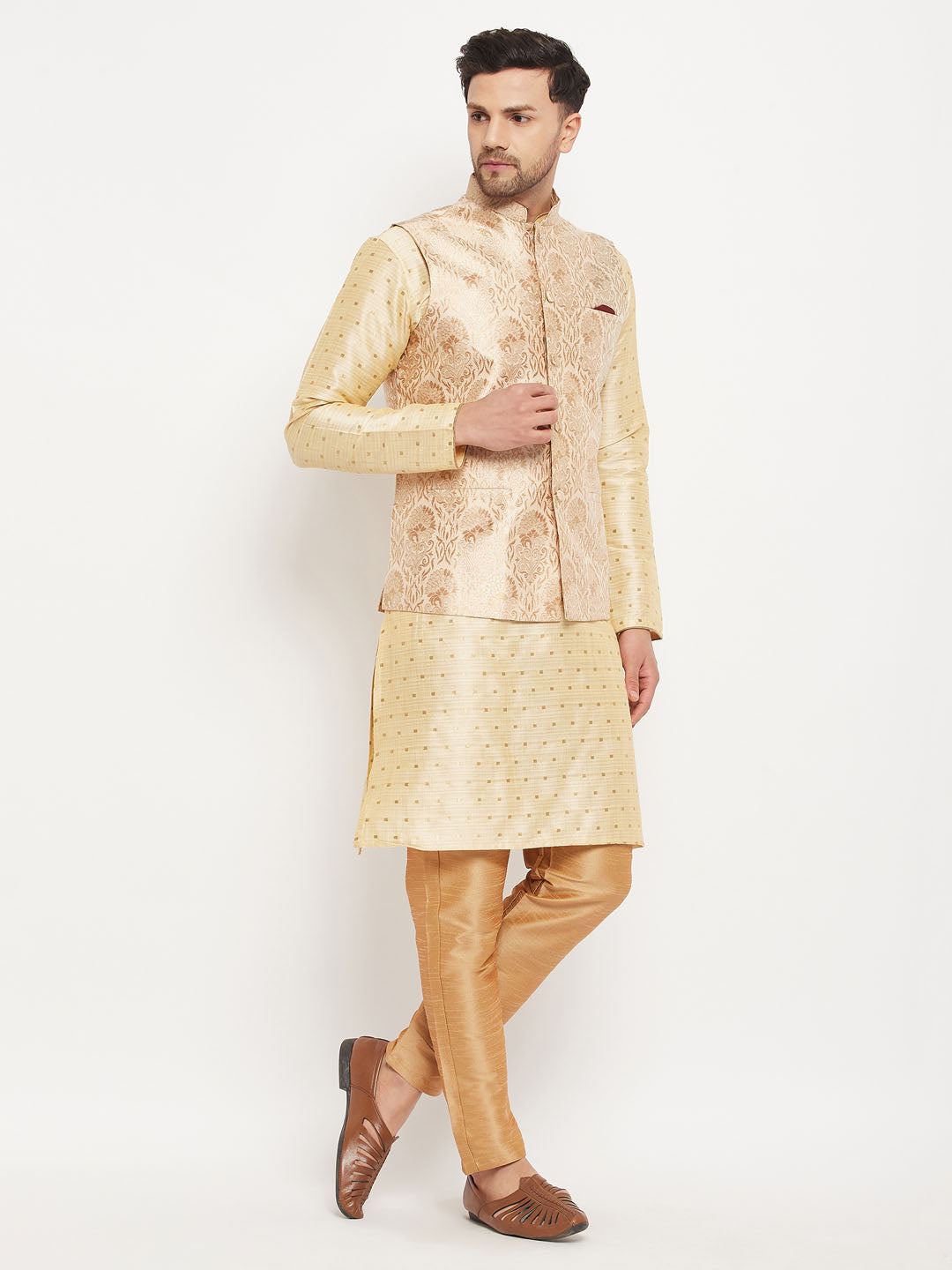 vastramay mens rose gold woven jacquard nehru jacket with gold silk blend zari work kurta and rose gold pant style pyjama set