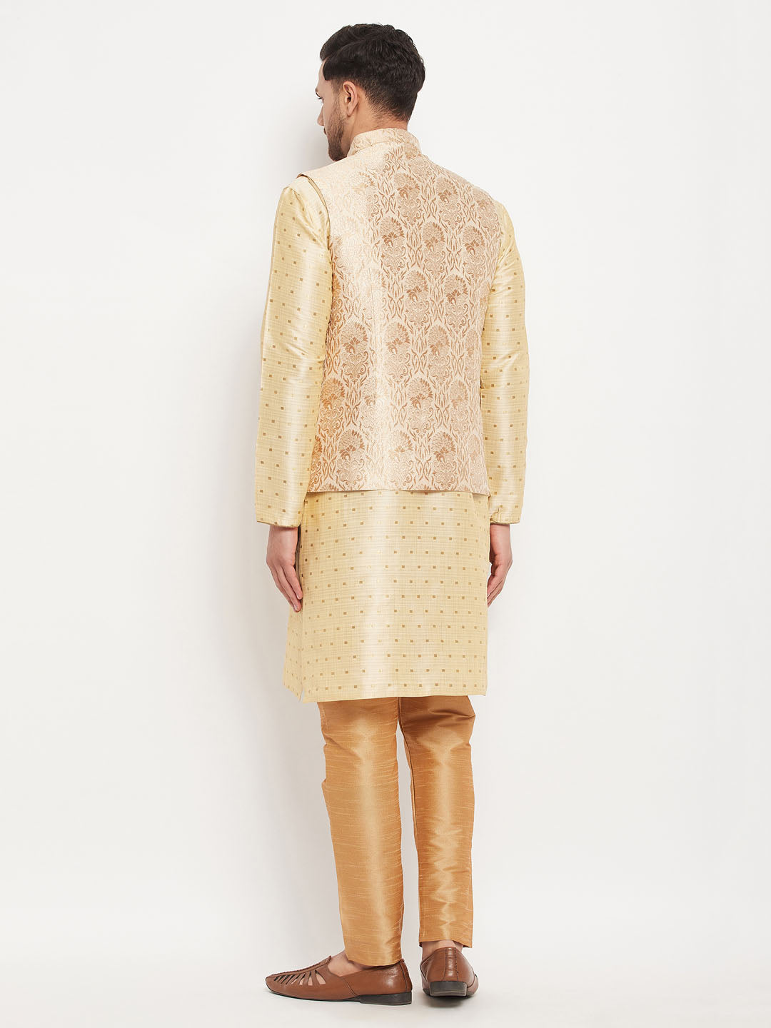 vastramay mens rose gold woven jacquard nehru jacket with gold silk blend zari work kurta and rose gold pant style pyjama set