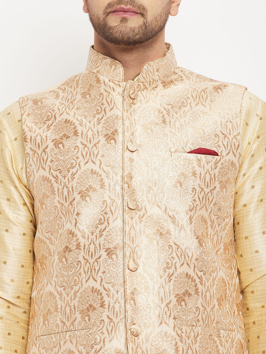 vastramay mens rose gold woven jacquard nehru jacket with gold silk blend zari work kurta and rose gold pant style pyjama set