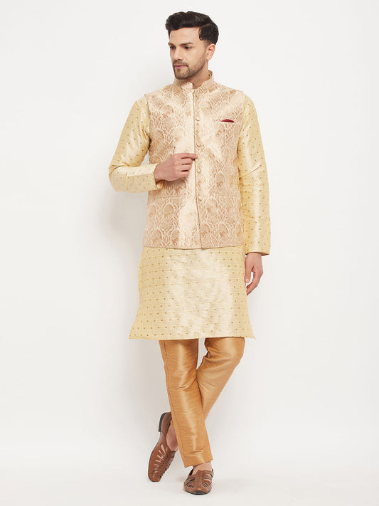 vastramay mens rose gold woven jacquard nehru jacket with gold silk blend zari work kurta and rose gold pant style pyjama set