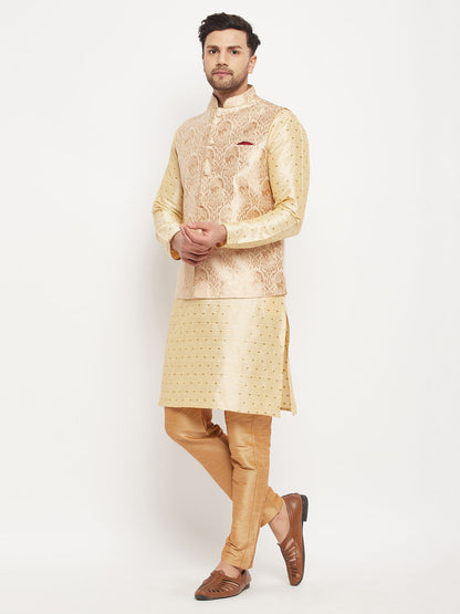 Vastramay Men's Rose Gold Jacquard Jacket With Kurta And Pant Set