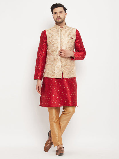 vastramay mens rose gold woven jacquard nehru jacket with maroon silk blend zari work kurta and rose gold pant style pyjama set